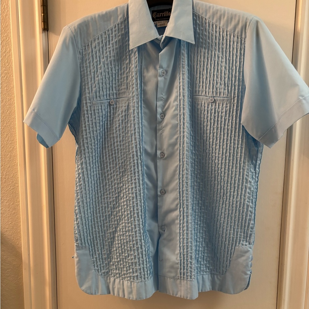 Powder Blue Casual Button Down Shirt with Pintuck Details